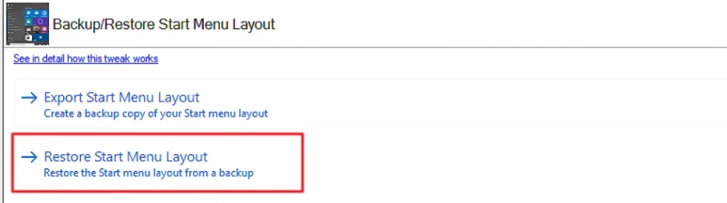 Winaero Tweaker Backup Restore Start Menu Layout detail