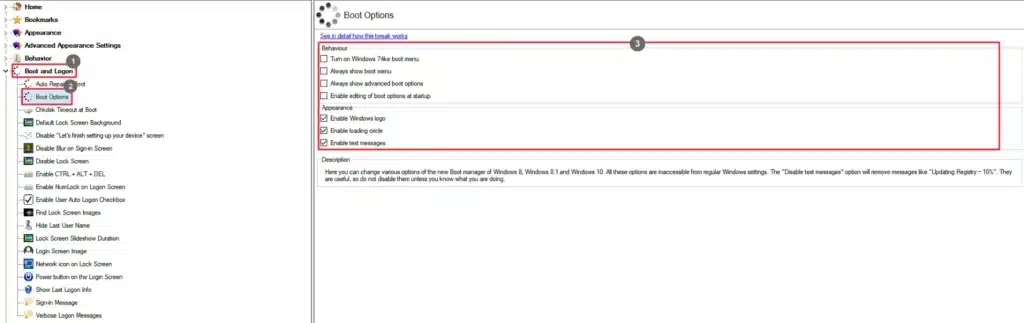 Winaero Tweaker Boot Options