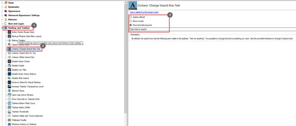 Winaero Tweaker Cortana Change Search Box Text