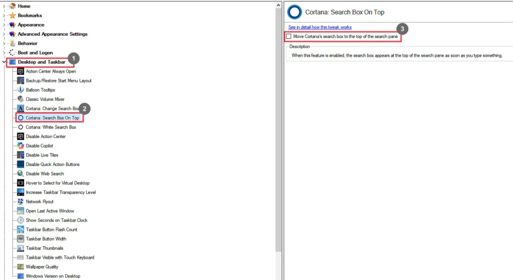 Winaero Tweaker Cortana Search Box On Top