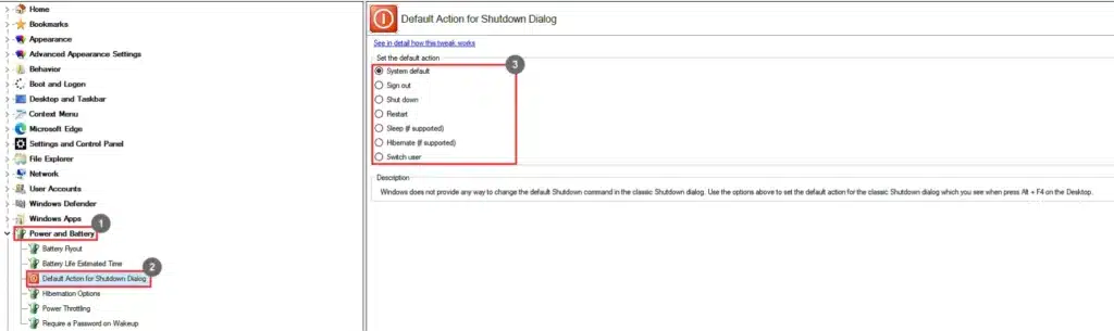 Winaero Tweaker Default Action for Shutdown Dialog