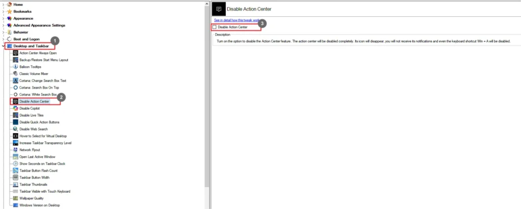 Winaero Tweaker Disable Action Center