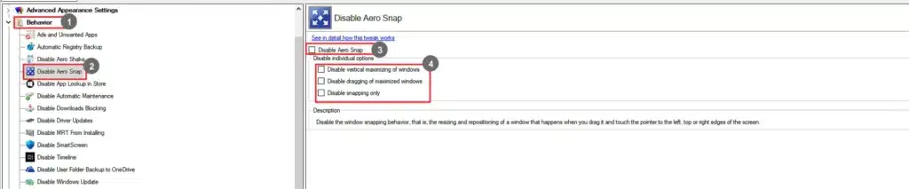 Winaero Tweaker Disable Aero Snap