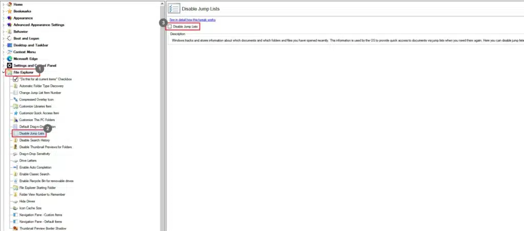 Winaero Tweaker Disable Jump Lists