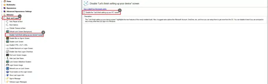 Winaero Tweaker Disable Let's finish setting up your device screen