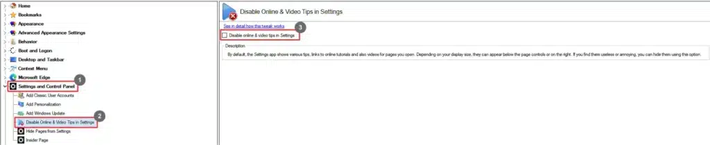 Winaero Tweaker Disable Online & Video Tips in Settings