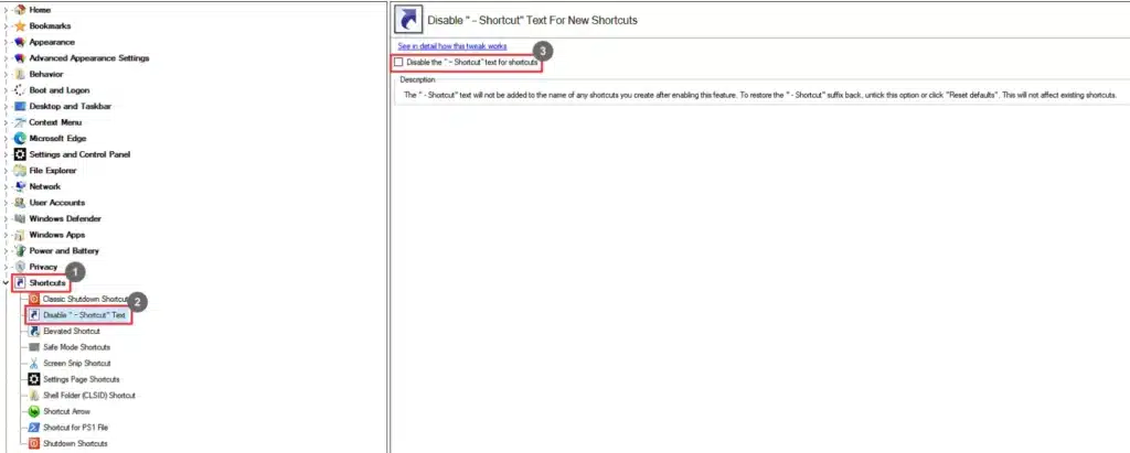 Winaero Tweaker Disable Shortcut Text