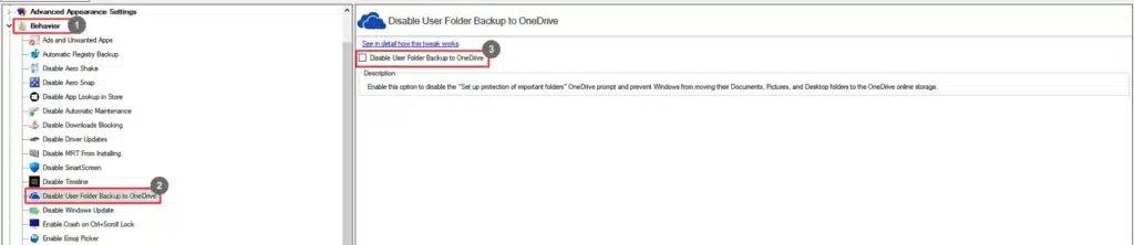 Winaero Tweaker Disable User Folder Backup to OneDrive