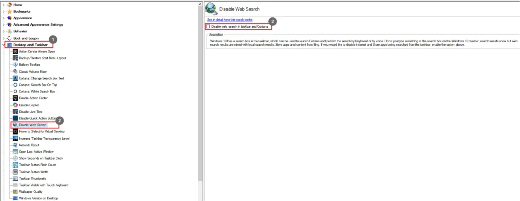 Winaero Tweaker Disable Web Search