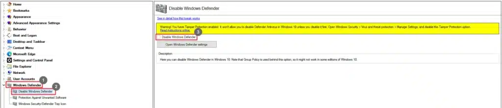 Winaero Tweaker Disable Windows Defender setttings