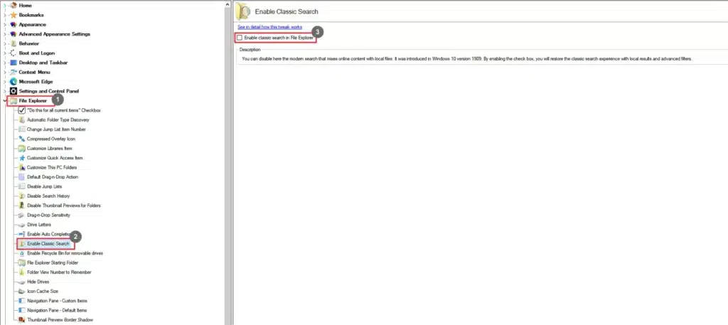 Winaero Tweaker Enable Classic Search