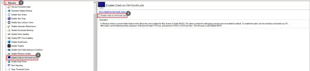 Winaero Tweaker Enable Crash on CTRL+Scroll Lock