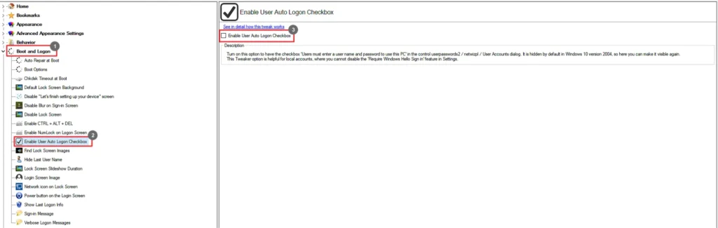 Winaero Tweaker Enable User Auto Logon Checkbox