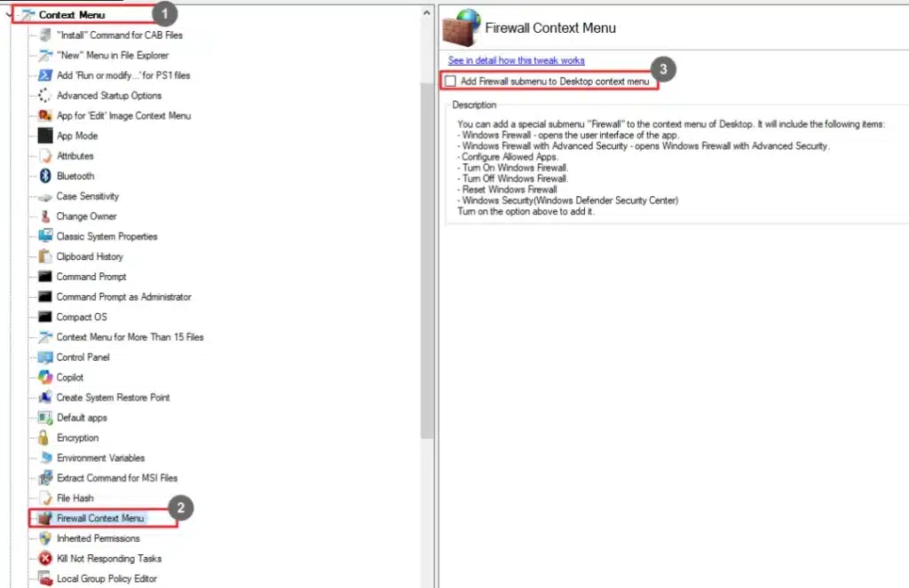 Winaero Tweaker Firewall Context Menu