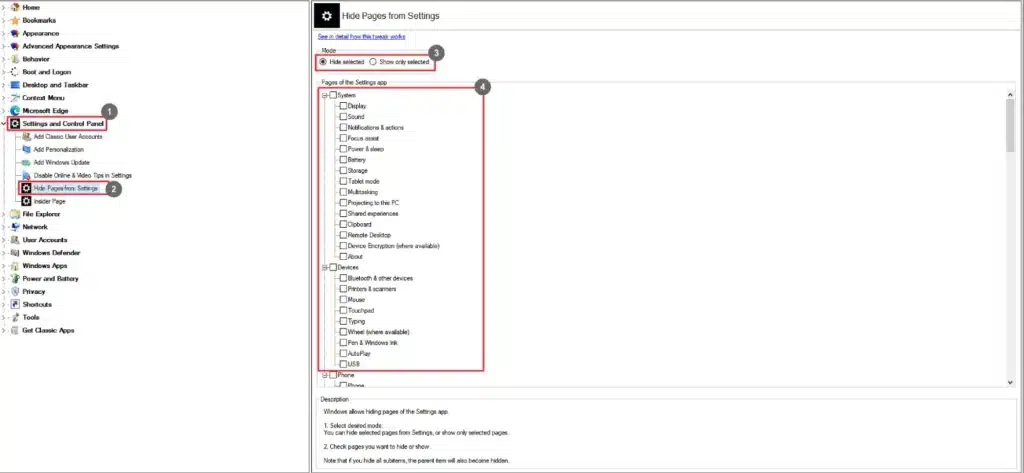 Winaero Tweaker Hide Pages from Settings