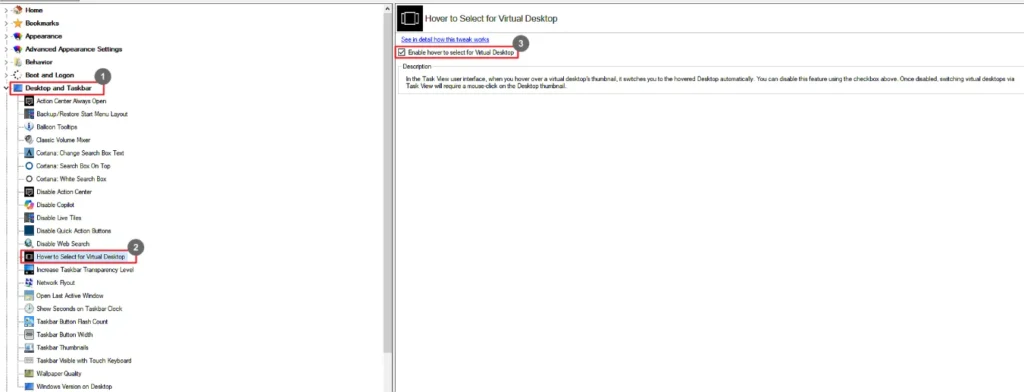 Winaero Tweaker Hover to Select for Virtual Desktop
