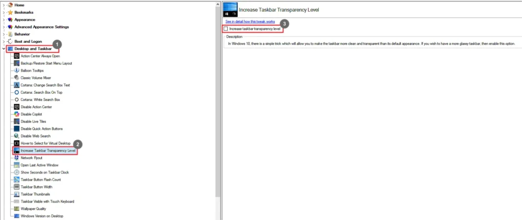 Winaero Tweaker Increase Taskbar Transparency Level