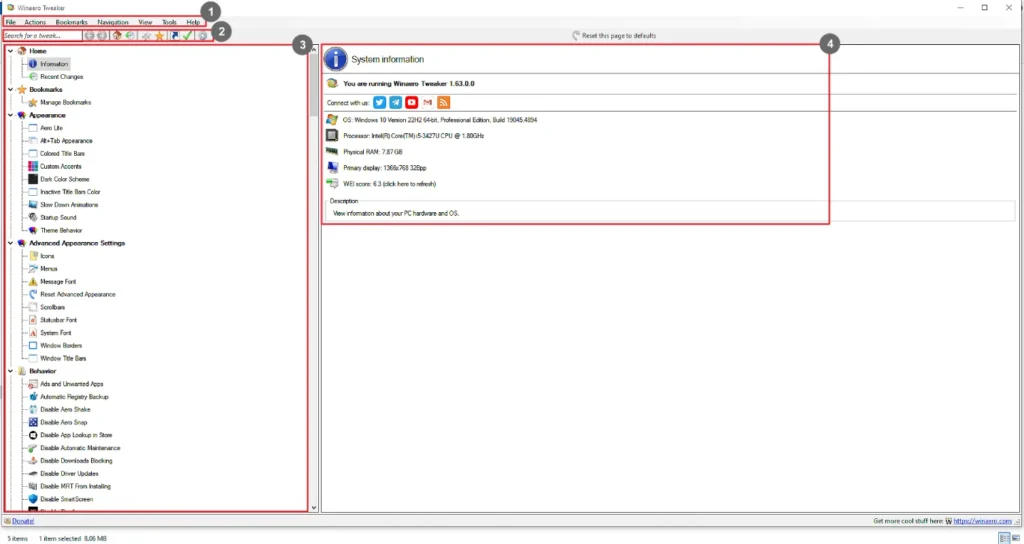 Winaero Tweaker Interface Overview