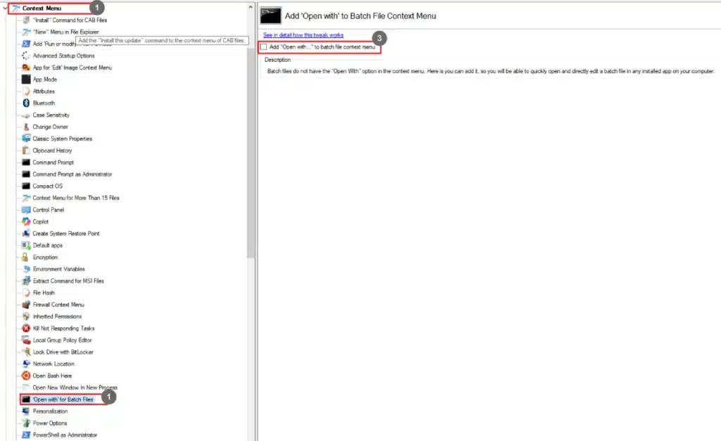 Winaero Tweaker Open with for Batch Files
