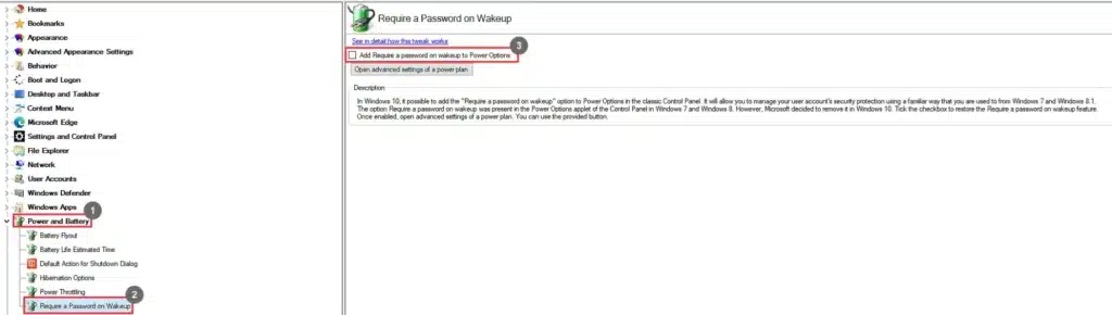 Winaero Tweaker Require a Password on Wake Up