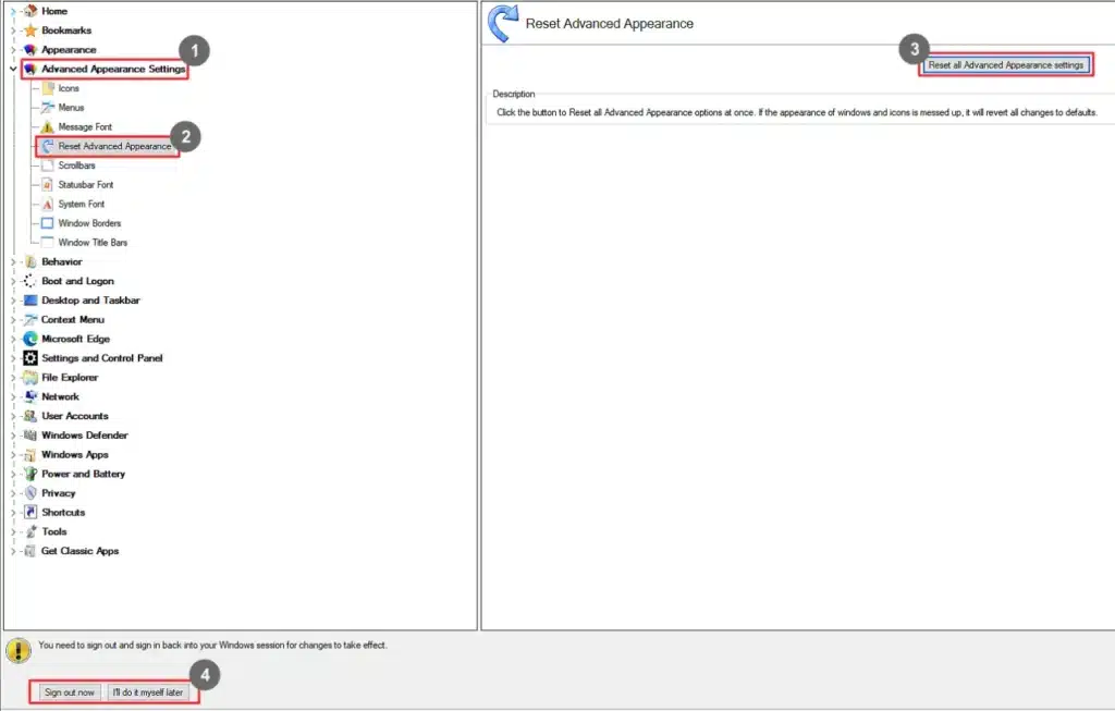 Winaero Tweaker Reset Advanced Appearance