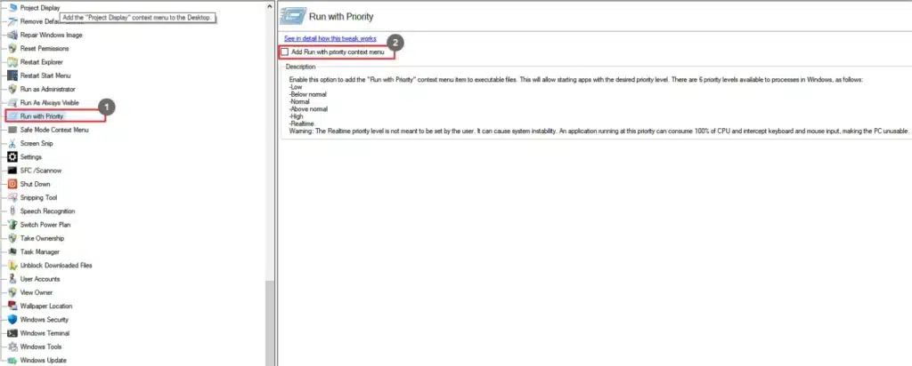 Winaero Tweaker Run with Priority