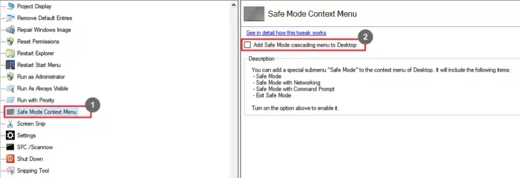 Winaero Tweaker Safe Mode Context Menu