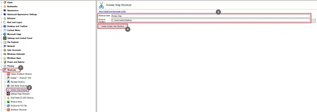 Winaero Tweaker Screen Snip Shortcut