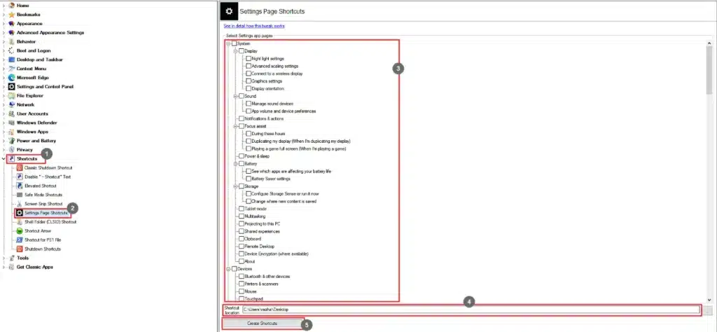 Winaero Tweaker Settings Page Shortcuts