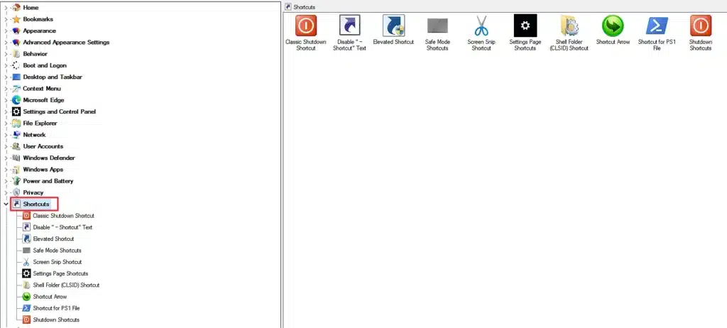 Winaero Tweaker Shortcuts