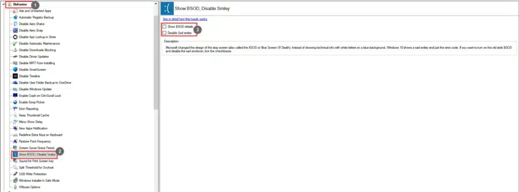 Winaero Tweaker Show BSOD, Disable Smiley