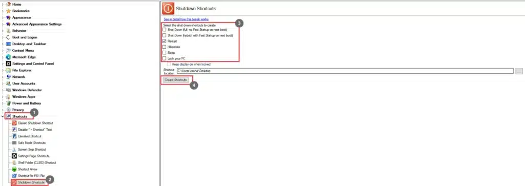 Winaero Tweaker Shutdown Shortcuts