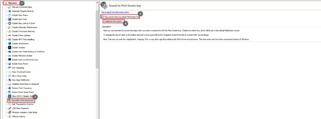 Winaero Tweaker Sound for PrintScreen Key