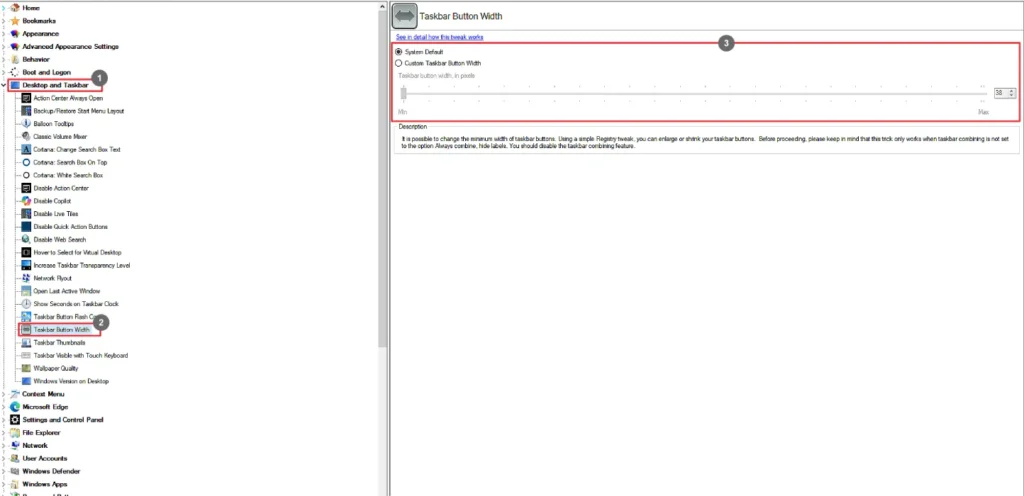 Winaero Tweaker Taskbar Button Width