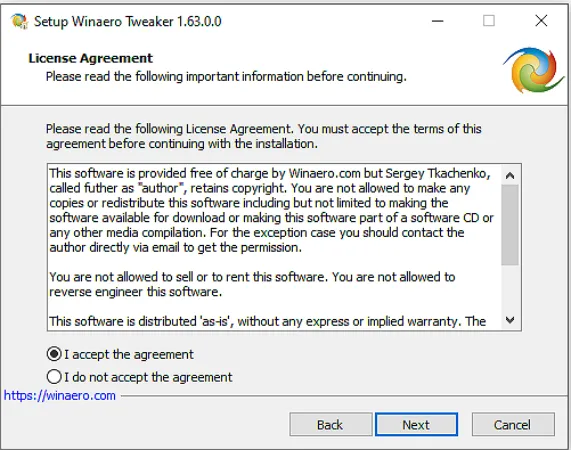 Winaero Tweaker license agreement